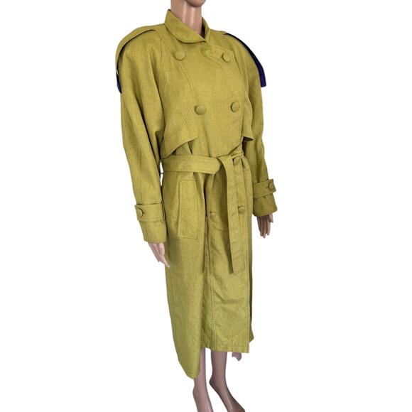 Vintage Olive Yellow Trench Coat Belted Longline Double Breasted Oversized Retro - Picture 2 of 14